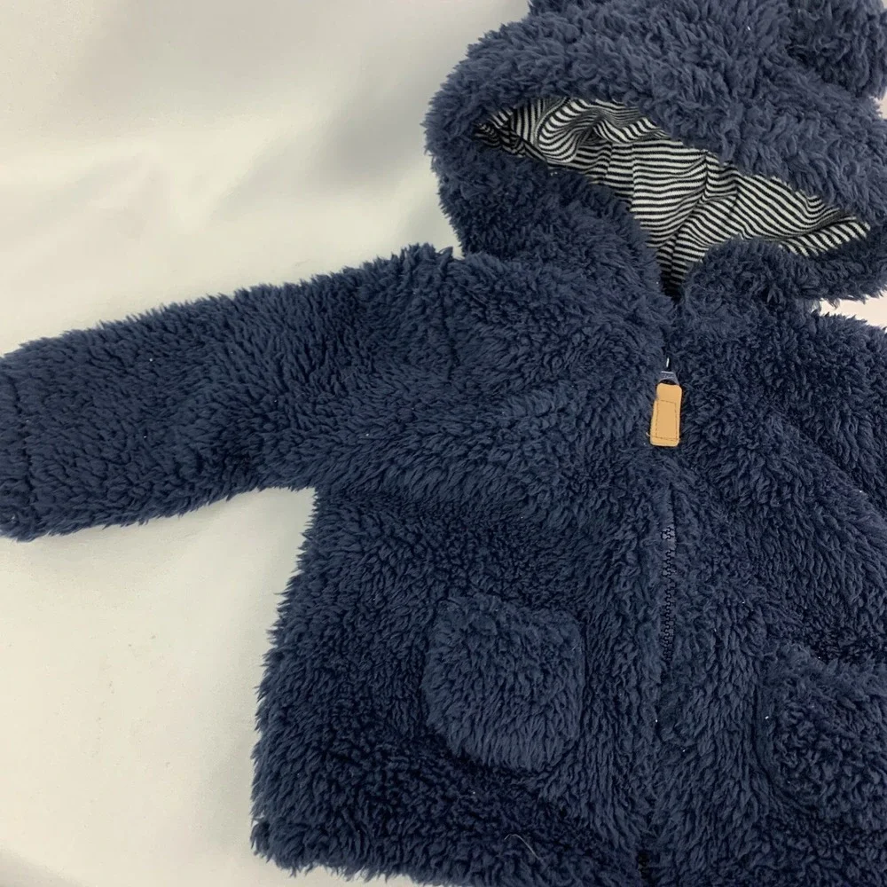 3 Months Carters Navy Blue Plush Fuzzy Hoodie Full Zip with Ears Baby Infant